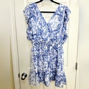 NWT Express Printed V-Neck Flutter Sleeve Smocked Waist Mini Dress